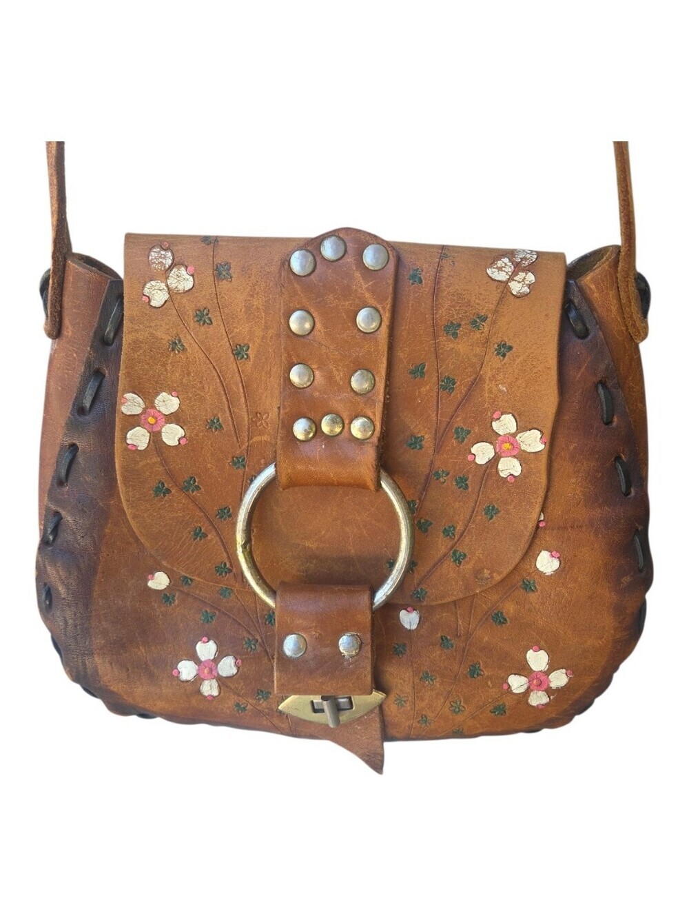 Vintage 1970s Hand Tooled & Painted Leather Saddle Bag Boho Hippie Floral